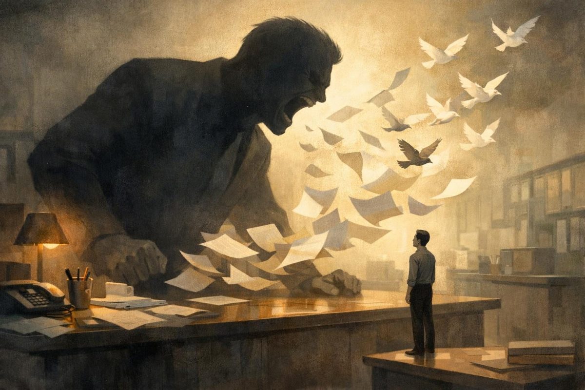 Symbolic illustration of a dream about a boss shouting in an office, with surreal lighting and floating papers