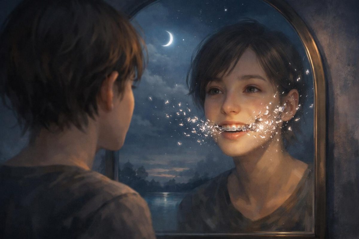 Symbolic illustration of broken braces reflected in a mirror at night