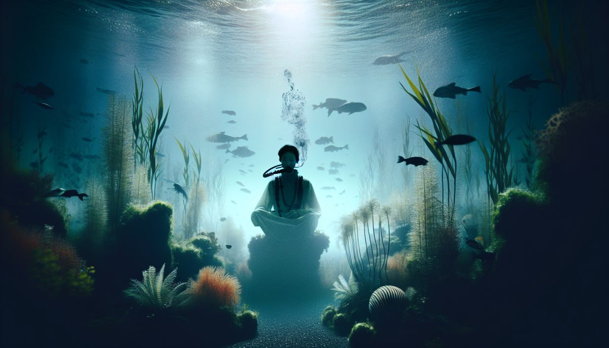 A tranquil underwater scene showing a person peacefully breathing, surrounded by soft light and aquatic life.