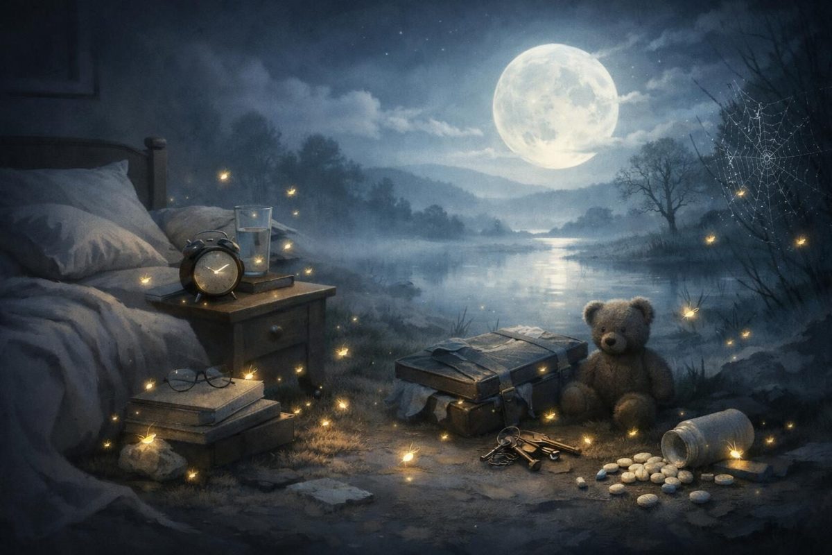 Symbolic dreamlike scene with glowing bugs around everyday objects in a moonlit room and landscape
