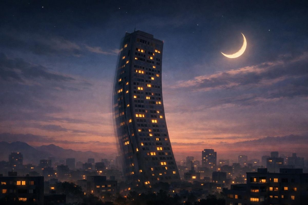 Symbolic illustration of a tall building swaying slightly in a surreal twilight cityscape