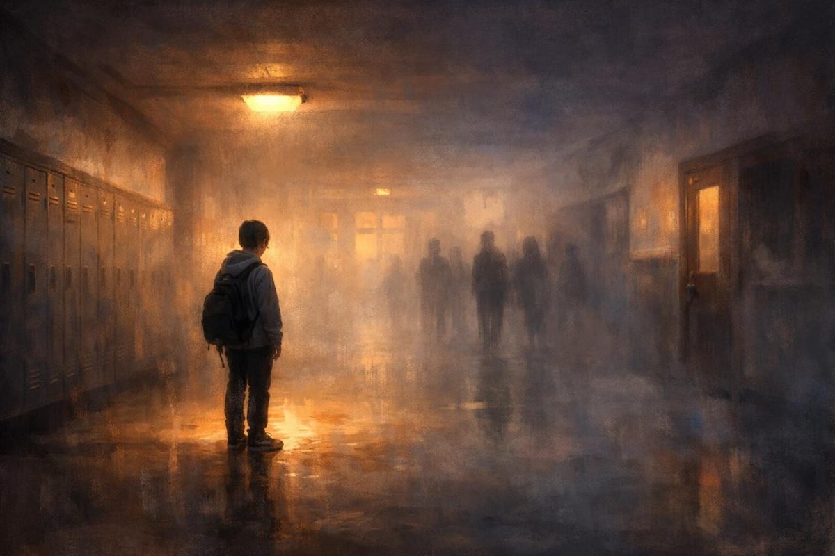 Symbolic illustration of a student alone in a school hallway with shadowy figures in the distance