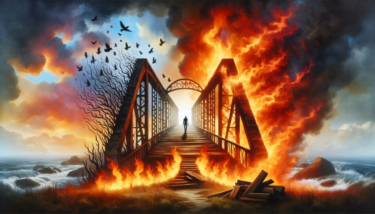 A burning bridge in a dream landscape symbolizing endings, conflict, and irreversible change.