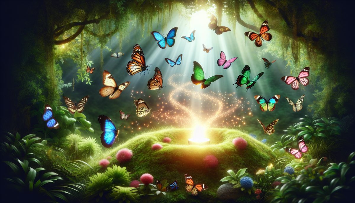 A peaceful scene depicting butterflies around a glowing light, symbolizing messages and transformation.