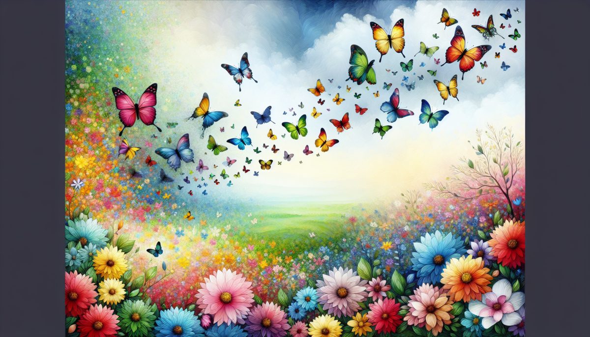 A vibrant scene of butterflies in a garden, representing change and beauty.