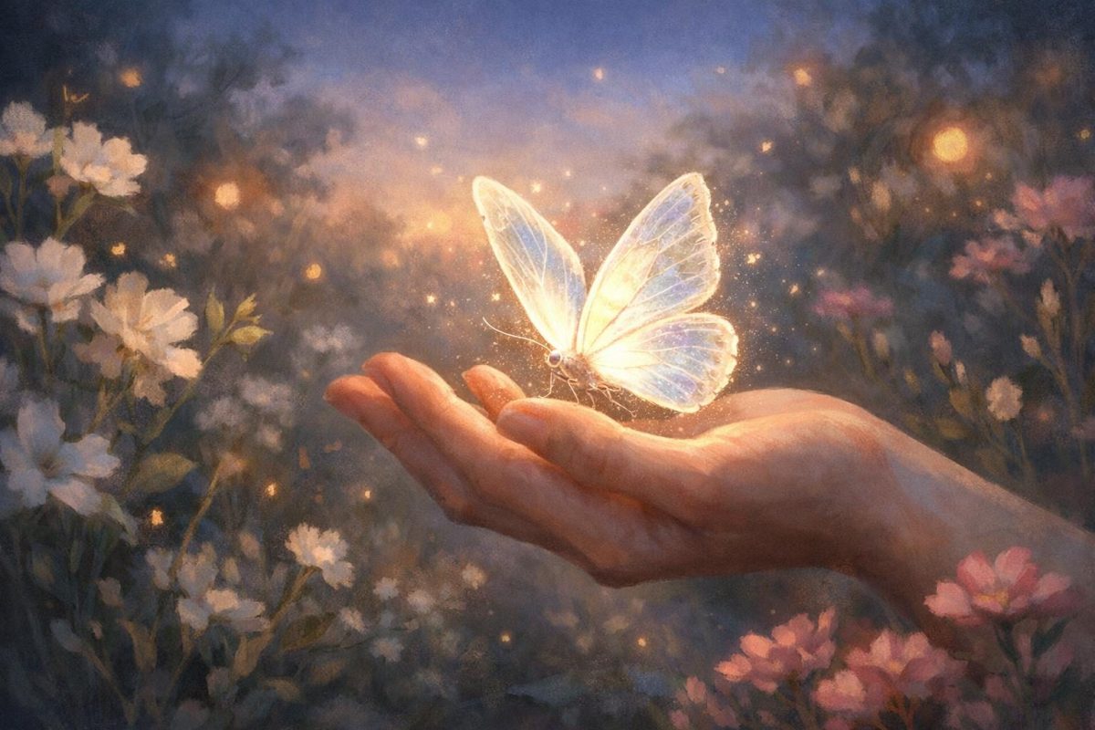 Symbolic illustration of a butterfly gently landing on a person's hand in a dreamy garden at twilight