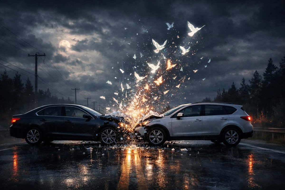Symbolic illustration of two cars on a dark road moments before a crash, with glowing shattered glass in the air