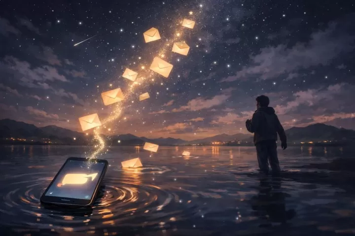 Symbolic illustration of a phone with a message accidentally sent, floating into a night sky as someone reacts in surprise