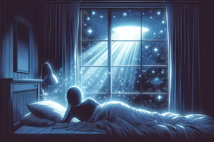 Symbolic illustration of a person in bed at night with a glowing light suggesting alien contact outside the window