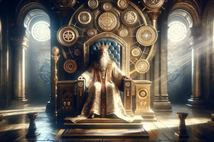 An ancient king speaking from his throne in a mystical dreamlike hall