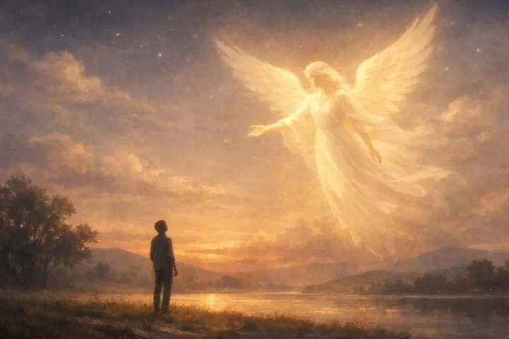 Symbolic illustration of a glowing angel calling to a person in a calm twilight landscape