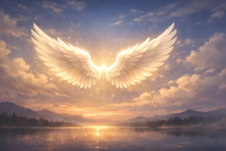 Symbolic illustration of glowing angel wings in a peaceful twilight sky above a quiet landscape