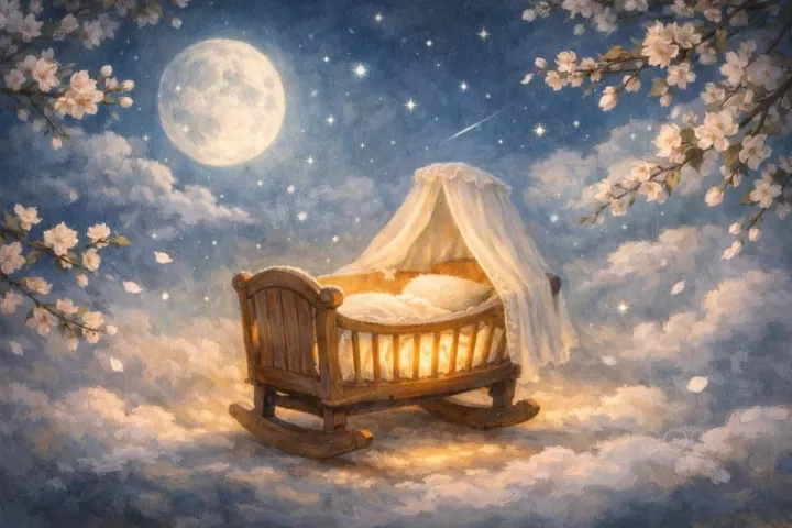 Symbolic illustration of a glowing baby cradle under a moonlit sky with stars and blooming branches
