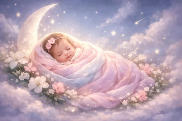 Symbolic illustration of a baby girl wrapped in soft blankets under moonlight with flowers and stars around her