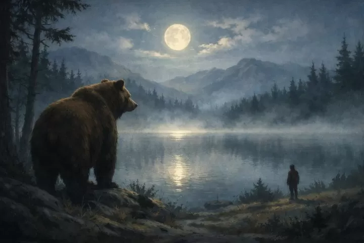 Symbolic illustration of a bear by a moonlit forest lake with mountains and mist in the background
