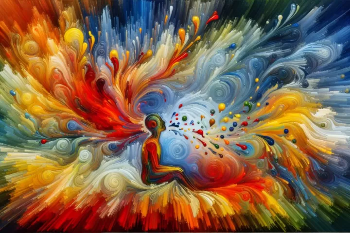 A surreal dream figure blending into a painted canvas in a glowing gallery space.