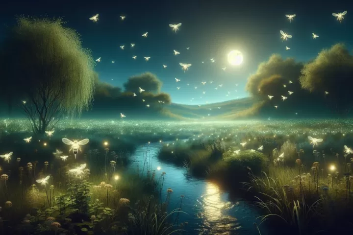 Luminous bees glowing in a dark dreamlike space, symbolising guidance, energy, and awakening