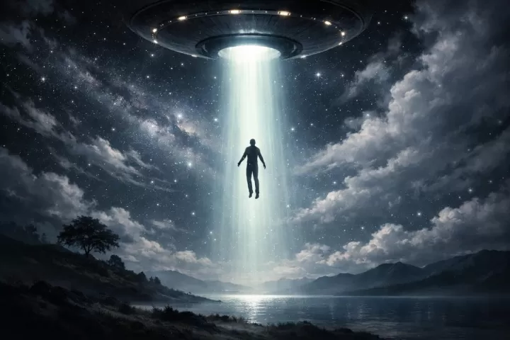 Symbolic illustration of a person being lifted into a beam of light from a spacecraft in a night sky