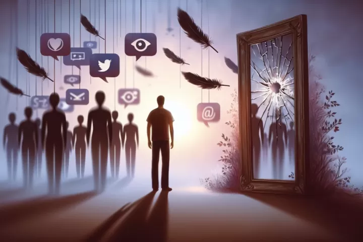 Symbolic illustration of a person feeling exposed as social media icons fade around them under watchful eyes