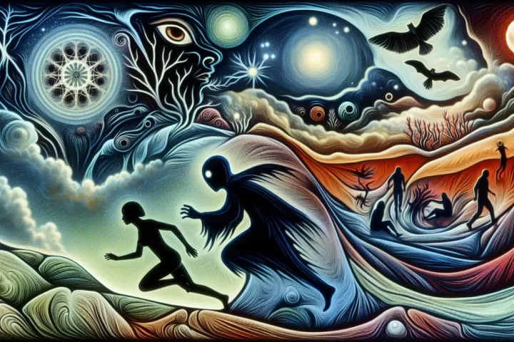 A surreal dream scene showing a person running from a dark figure through a shadowy landscape.