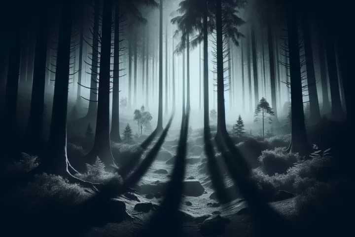 Dark shadow figures pursuing a dreamer through a dim, surreal landscape