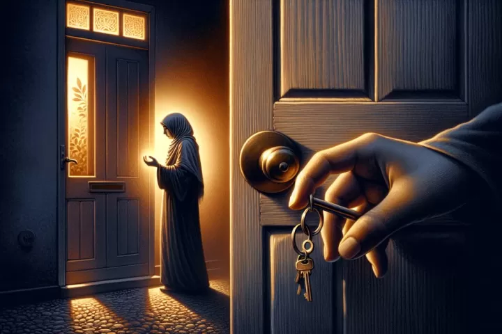 Symbolic illustration of a person locked out of their home at twilight with warm light inside