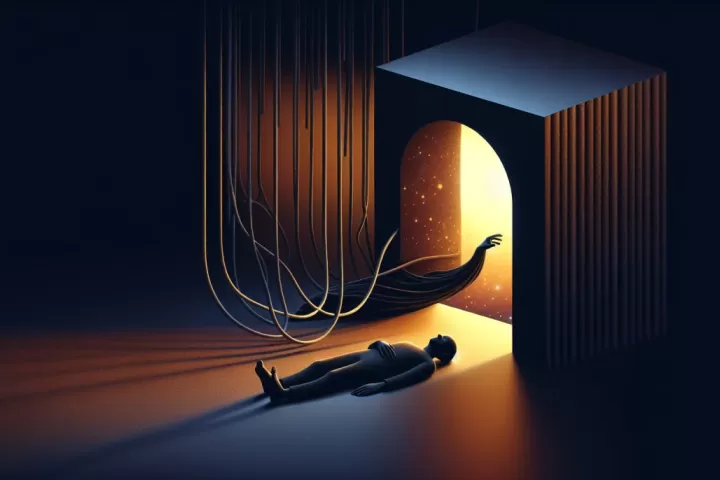 Symbolic illustration of a person unable to move in a dreamlike room with shadows and a distant glowing doorway