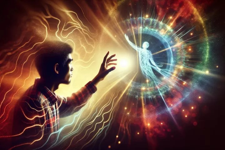 A dreamlike figure being drawn toward a glowing mirror, symbolising reflection, identity, and transformation