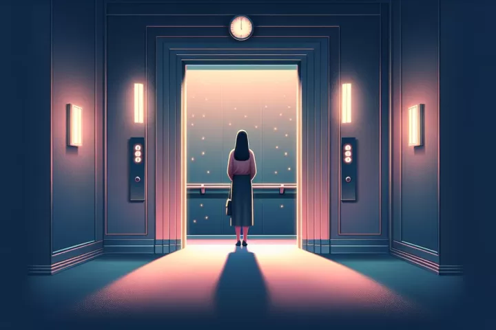 Symbolic illustration of a person stuck in an elevator between floors in a dreamlike setting