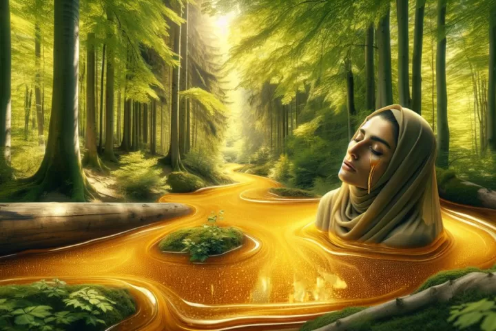 A dreamlike person sinking slowly into glowing honey, symbolising sweetness mixed with entrapment