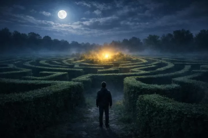 A lone figure inside a large maze at twilight, surrounded by winding paths and soft moonlight.