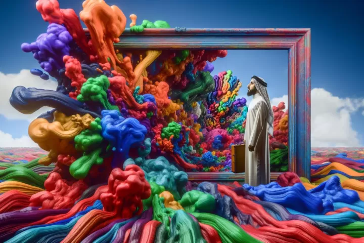 A person enclosed inside a dreamlike painting, symbolising identity, stillness, and emotional entrapment