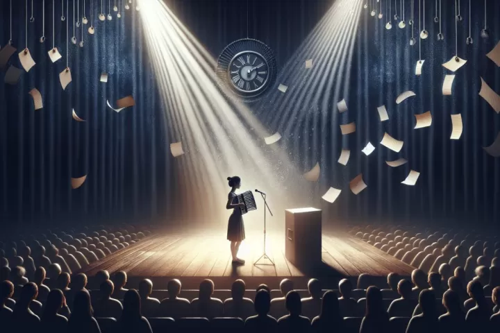 Symbolic illustration of a person on stage feeling unprepared, with blank notes and scattered papers under a spotlight