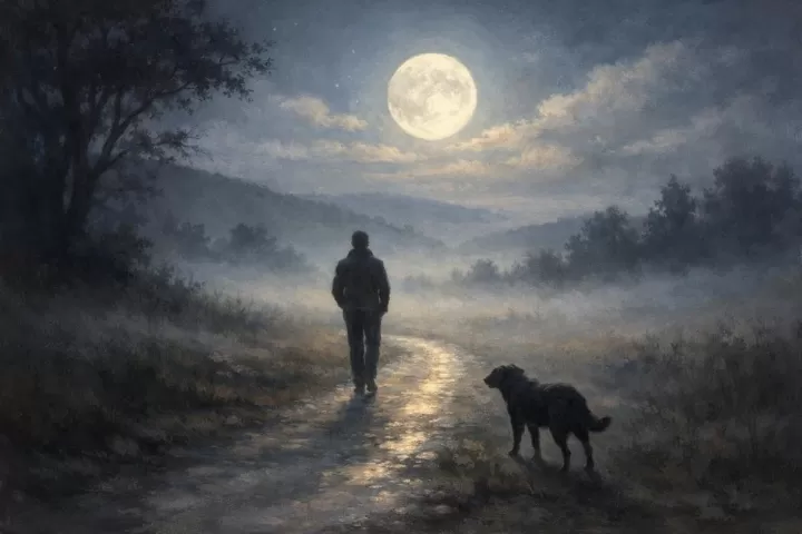 Symbolic illustration of a person walking at twilight with a black dog following behind on a quiet path