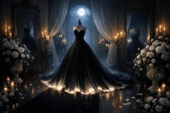 A symbolic illustration of a black wedding dress in a moonlit setting with flowers and an aisle, representing mystery and transformation.