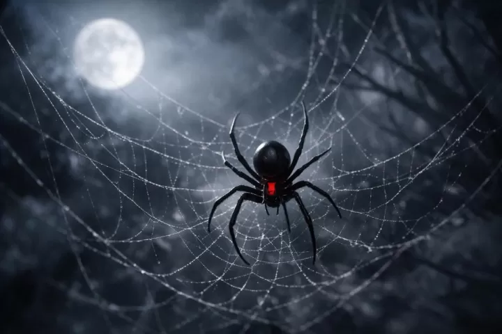 A symbolic black widow spider on a web in moonlight with a subtle red marking and dreamlike shadows.