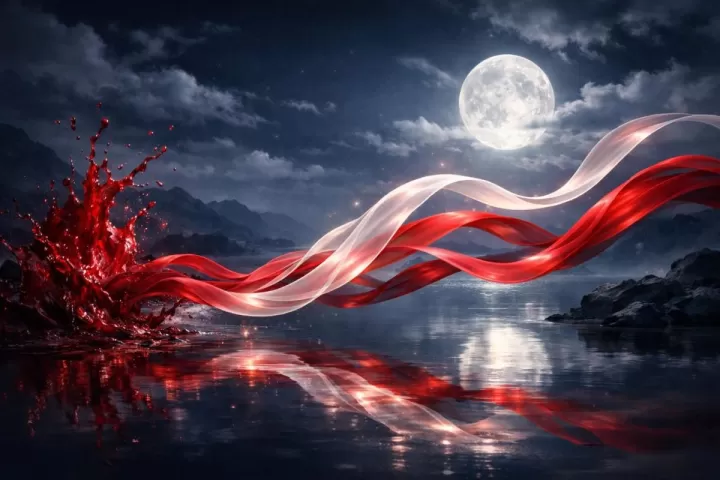 Symbolic illustration of flowing red blood-like ribbons under a moonlit dreamscape