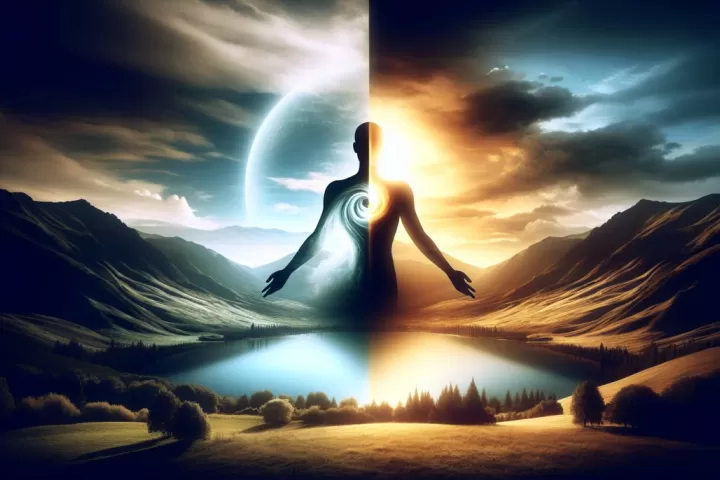 A surreal dream scene of a human figure divided into two mirrored halves, symbolising duality and inner conflict.