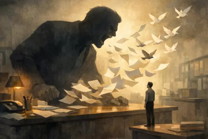 Symbolic illustration of a dream about a boss shouting in an office, with surreal lighting and floating papers