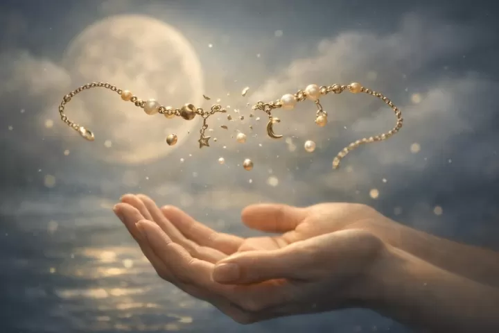 Symbolic illustration of a bracelet breaking apart in soft moonlight above open hands.