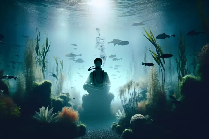 A calm dreamlike underwater scene with a person breathing peacefully beneath soft blue light.