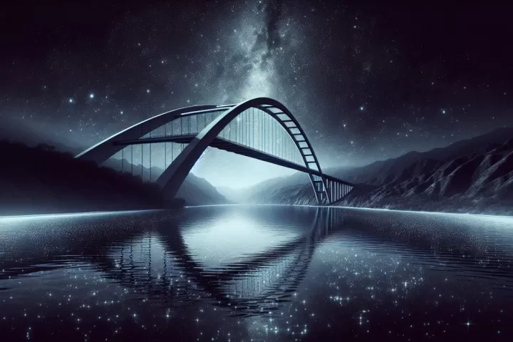 A dreamlike bridge stretching into outer space under a glowing star-filled sky