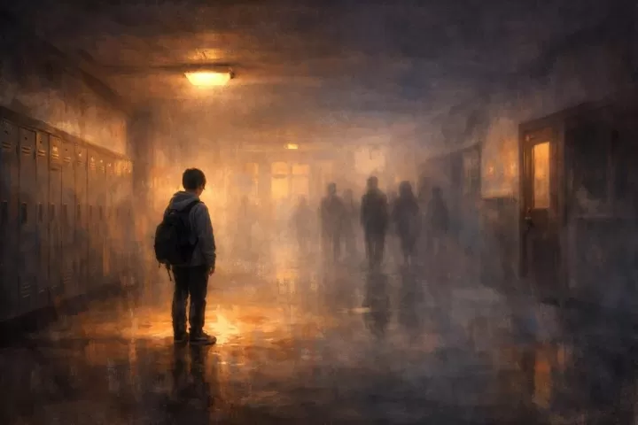Symbolic illustration of a student alone in a school hallway with shadowy figures in the distance
