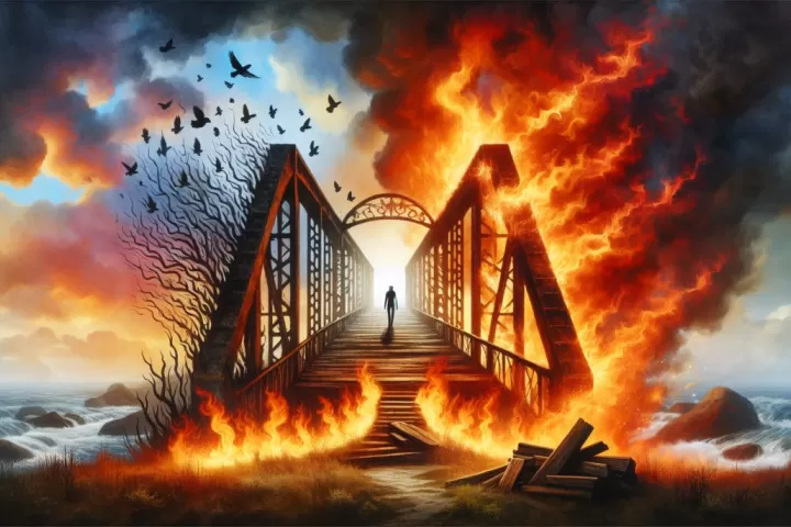 A burning bridge in a dream landscape symbolizing endings, conflict, and irreversible change.