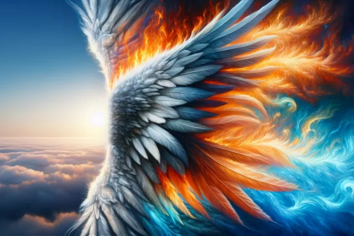 Symbolic illustration of wings on fire against a dark sky, representing pressure, freedom, and transformation