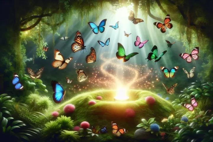 Dreamlike butterflies carrying glowing messages through a dark sky