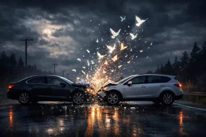 Symbolic illustration of two cars on a dark road moments before a crash, with glowing shattered glass in the air