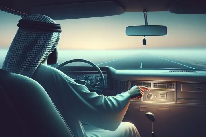 Symbolic illustration of a person in a car that will not start on a misty road at dawn