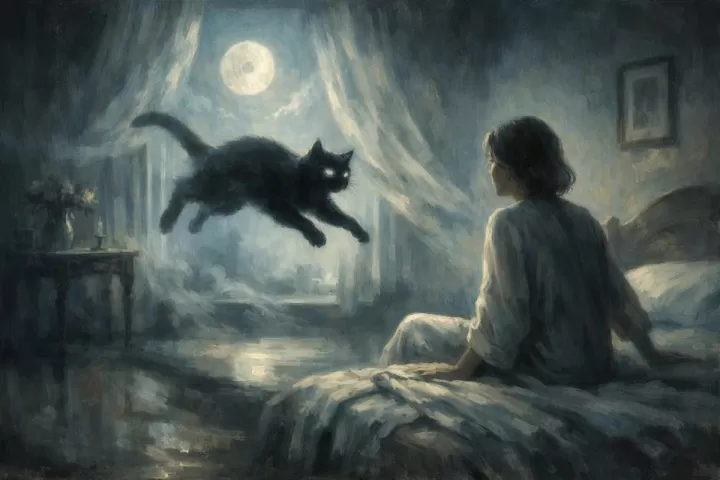 Symbolic illustration of a cat leaping toward a startled person in a moonlit dreamlike room