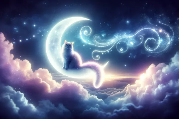 A mystical cat on a crescent moon in a dreamy night sky.